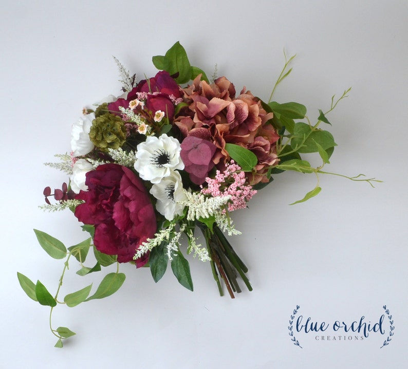 hand tied bouquet silk flower bouquet boho bouquet garden bouquet green red wedding bouquet bridal bouquet wedding flowers burgundy