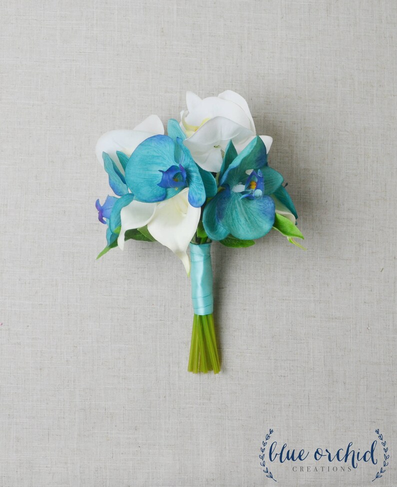 Real Touch Bouquet Turquoise Bridesmaid Bouquet Beach Bouquet Tropical Bouquet Malibu Blue Destination Wedding Orchid Bouquet Teal