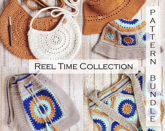 Crochet PATTERN Bundle- Reel Time Collection - Round Crochet Bags - DIY Crochet Bag - Granny Square Bucket Hat - Discount Pattern Group