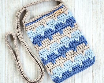 Crochet Cellphone Purse - Blue Crochet Mini Bag - Blue Crossbody Bag - Blue Mini Purse - Small Cellphone Bag - Boho Mini Bag - Striped Bag