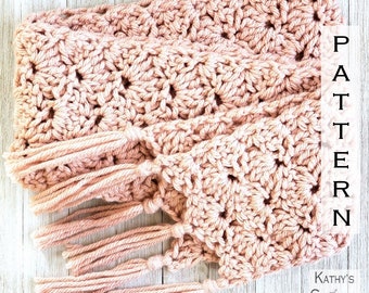 Crochet Scarf Pattern - Wavy Shells Scarf - Chunky Scarf Pattern -Crochet Scarf Pattern with Tassels - Fringe Scarf Pattern