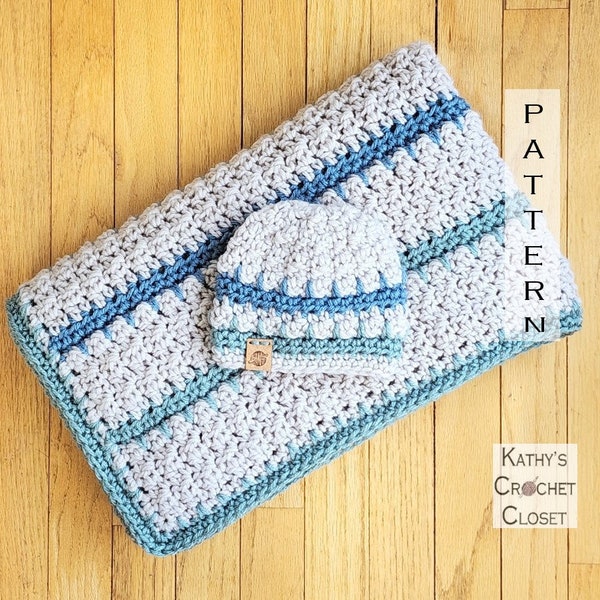 Crochet Baby Blanket Pattern - Everett Baby Blanket and Hat- Baby Afghan Pattern - Green Blue Baby Blanket - Baby Blanket Pattern