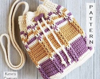 Crochet Bag PATTERN - Cable Stripes Drawstring Bag - Drawstring Bag Pattern - Striped Bag Pattern - DIY Crochet Crossbody - Drawstring Purse