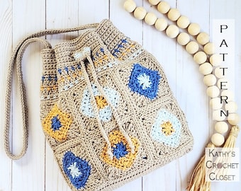 Crochet Bag PATTERN - Diamond Daze Drawstring Bag - Boho Crochet Bag Pattern - DIY Crochet Drawstring Bag - Granny Square Bag Pattern