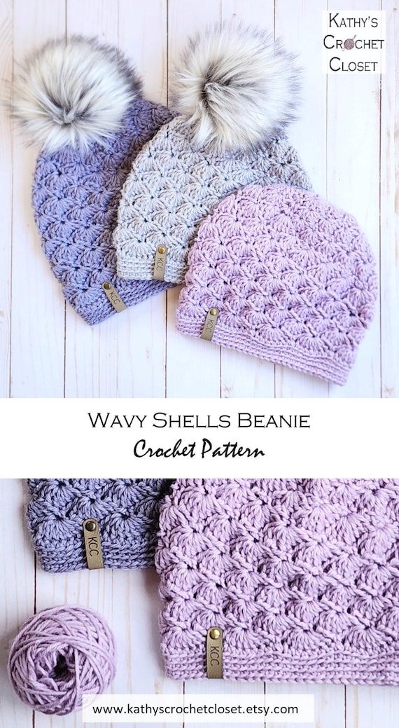 Wavy Shells Beanie - Crochet Shell Stitch Hat PATTERN (PDF