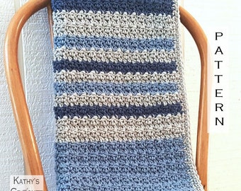 Crochet Baby Blanket PATTERN - Dylan Baby Blanket and Hat - Baby Afghan Pattern - Boy Baby Blanket -  Blue Gray Striped Blanket - Baby Gift