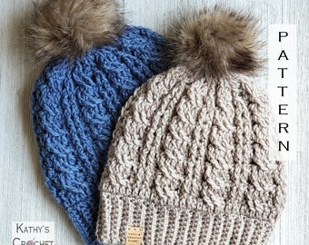 Crochet Beanie PATTERN -  Karen Cable Beanie - DIY Crochet Hat - Cable Hat Pattern - Fur Pompom Beanie Pattern - Crochet Cable Pattern
