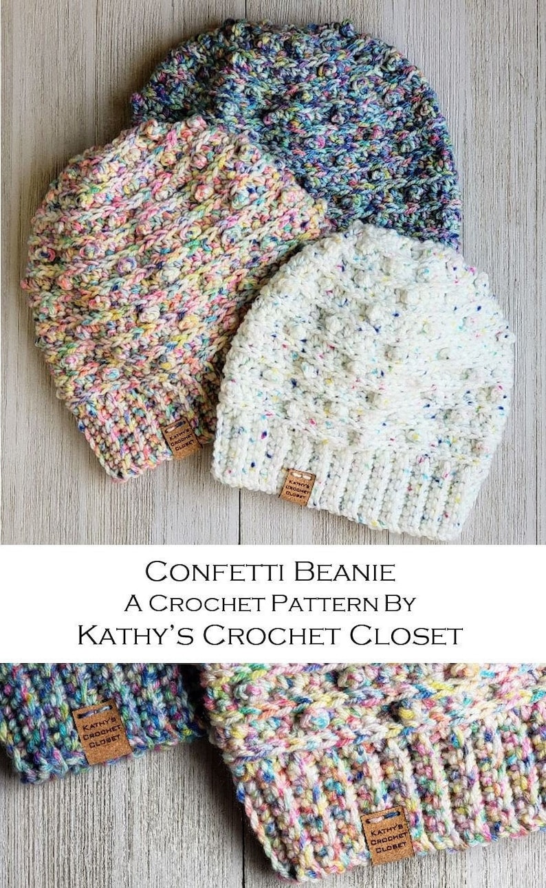 May include: Three colorful crochet beanies with a speckled pattern. The beanies are stacked on top of each other. Each beanie has a brown leather tag with the text "Kathy's Crochet Closet".
