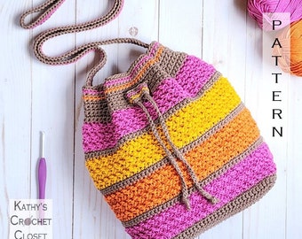 Color Wave Drawstring Bag - Crochet Striped Cinch Purse PATTERN (PDF Download)