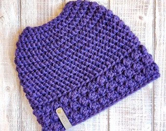 Women's Messy Bun Beanie - Purple Ponytail Hat - Crochet Purple Bun Hat - Purple Crochet Hat with Hole at the Top - Ponytail Beanie