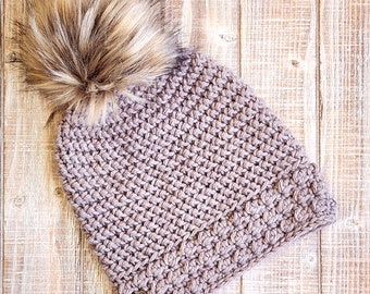 Women's Taupe Beanie - Fitted Taupe Beanie - Crochet Tan Hat - Taupe Crochet Hat with Faux Fur Pompom - Light Brown Beanie