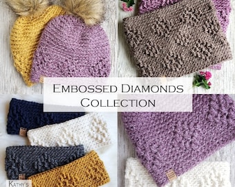 Crochet Pattern Bundle - Embossed Diamonds Collection - Headband Cowl Beanie -  Three Crochet Patterns - Crochet Beanie Pattern Discount -