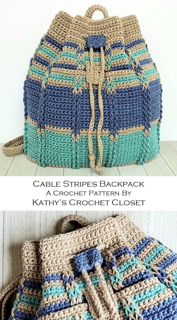 Crochet Drawstring Backpack in Beige & Blue Crochet Pattern // Drawstring Backpack Back Pack Rucksack  main image 3