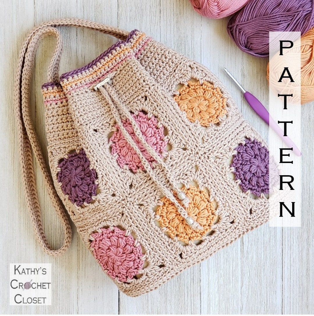 Crochet Bag PATTERN - Dahlia Drawstring Bag - DIY Crochet Bag - Crochet Shoulder Bag Pattern - Granny Square Bag Pattern