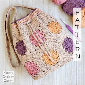 Crochet Bag PATTERN -  Dahlia Drawstring Bag - DIY Crochet Bag - Crochet Shoulder Bag Pattern - Granny Square Bag Pattern