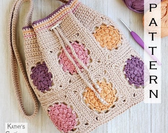 Crochet Bag PATTERN -  Dahlia Drawstring Bag - DIY Crochet Bag - Crochet Shoulder Bag Pattern - Granny Square Bag Pattern