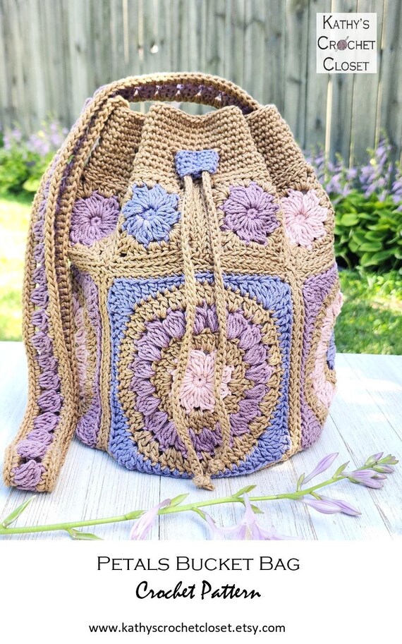Petals Bucket Bag - Crochet Drawstring Bag PATTERN (PDF Download