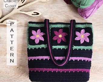 Star Flower Tote Bag - Crochet Flower Granny Square Purse PATTERN (PDF Download)