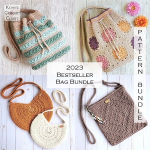 May include: A collection of four crocheted bags in different colors and styles. The bags are arranged on a white wooden surface. The text "2023 BESTSELLER BAG BUNDLE" is displayed in the center of the image. The text "PATTERN BUNDLE" is displayed on the right side of the image.