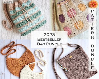 Crochet Bag Pattern - Bestseller Bags of 2023 - Dahlia Drawstring Bag - Succulent Drawstring Bag - Crochet Purse - Bag Pattern Bundle