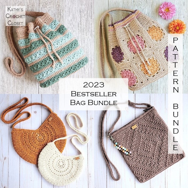 Crochet Bag Pattern - Bestseller Bags of 2023 - Dahlia Drawstring Bag - Succulent Drawstring Bag - Crochet Purse - Bag Pattern Bundle