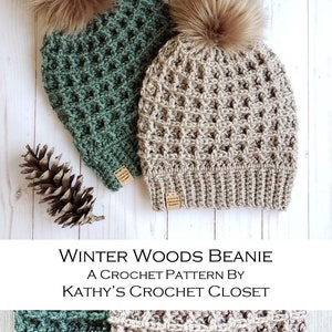 Crochet Beanie PATTERN Winter Woods Beanie Crochet Hat Pattern Waffle Stitch Crochet Pattern Fur Pompom Hat Pattern DIY Beanie image 9