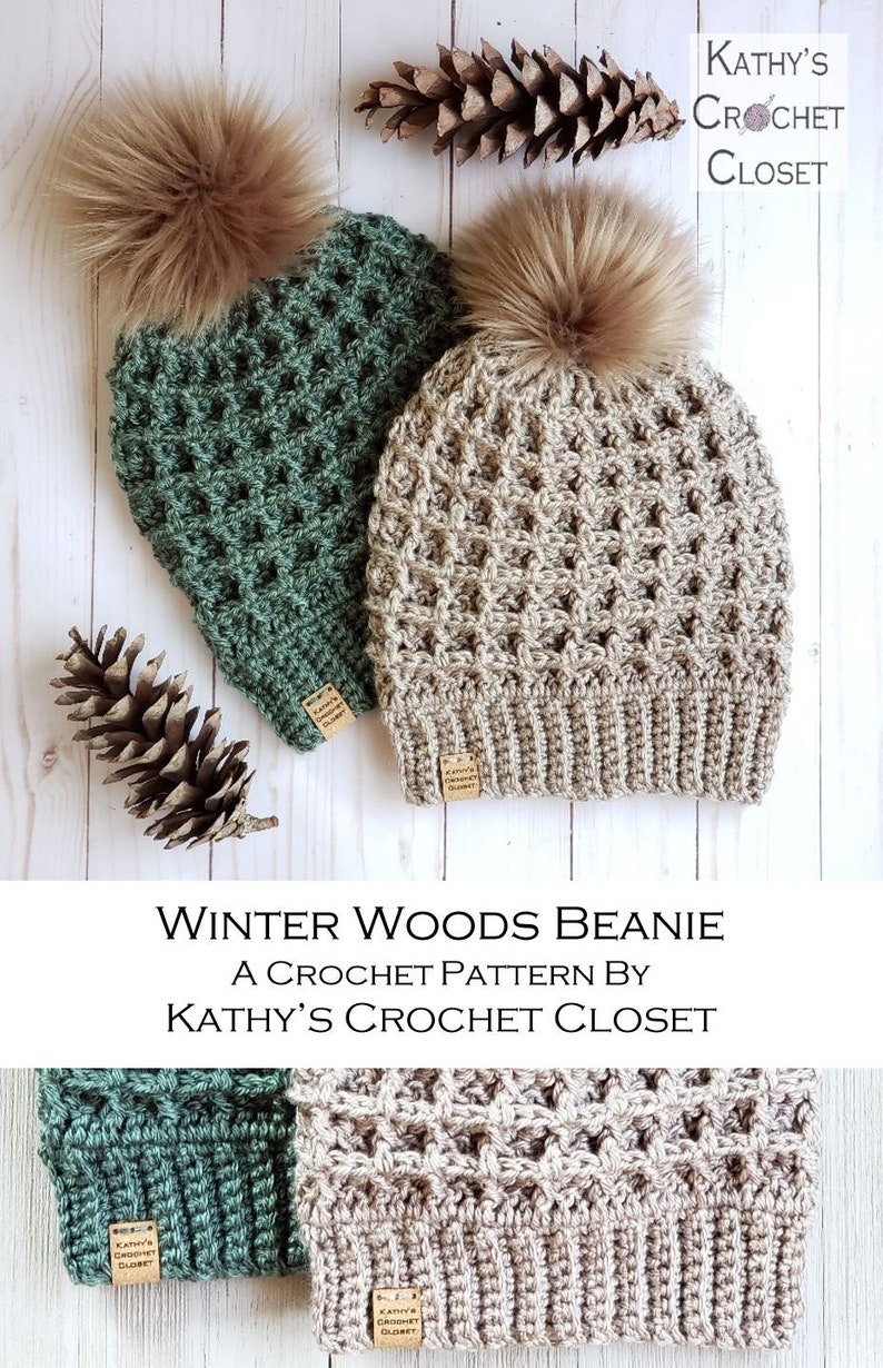 Crochet Beanie PATTERN Winter Woods Beanie Crochet Hat Pattern Waffle Stitch Crochet Pattern Fur Pompom Hat Pattern DIY Beanie image 9