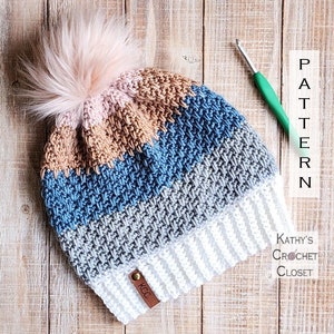 Crochet Hat PATTERN -  Spike Striped Beanie - DIY Beanie Pattern - Womens Hat Pattern - Crochet Beanie Pattern - Faux Fur Pompom Pattern