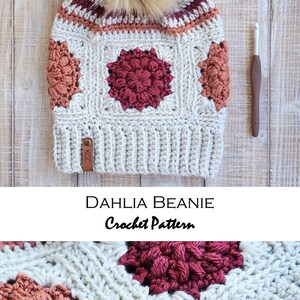 May include: A crocheted beanie hat with a pom pom in a cream, red, and orange color scheme. The beanie has a square pattern with a leather tag that says "KCC". The text "Dahlia Beanie Crochet Pattern" is below the hat. The website "www.kathyscrochetcloset.etsy.com" is at the bottom of the image.