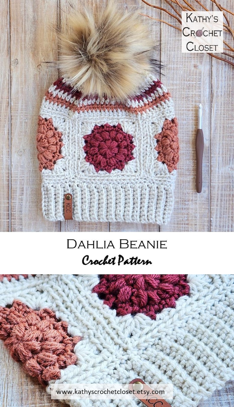 May include: A crocheted beanie hat with a pom pom in a cream, red, and orange color scheme. The beanie has a square pattern with a leather tag that says "KCC". The text "Dahlia Beanie Crochet Pattern" is below the hat. The website "www.kathyscrochetcloset.etsy.com" is at the bottom of the image.