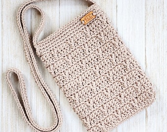 Crochet Cellphone Purse - Crochet Mini Bag - Taupe Crossbody Bag - Tan Mini Purse - Small Cellphone Bag - Boho Mini Bag -