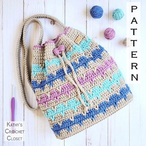 Crochet Bag PATTERN - Day Trip Drawstring Bag - Crochet Drawstring Bag Pattern - Striped Bag Pattern - Drawstring Bag Pattern