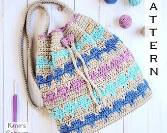 Crochet Bag PATTERN - Day Trip Drawstring Bag - Crochet Drawstring Bag Pattern - Striped Bag Pattern - Drawstring Bag Pattern