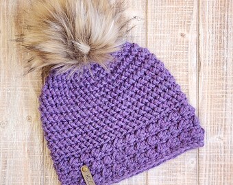 Women's Purple Beanie - Fitted Purple Beanie - Crochet Purple Hat - Purple Crochet Hat with Faux Fur Pompom - Purple Beanie