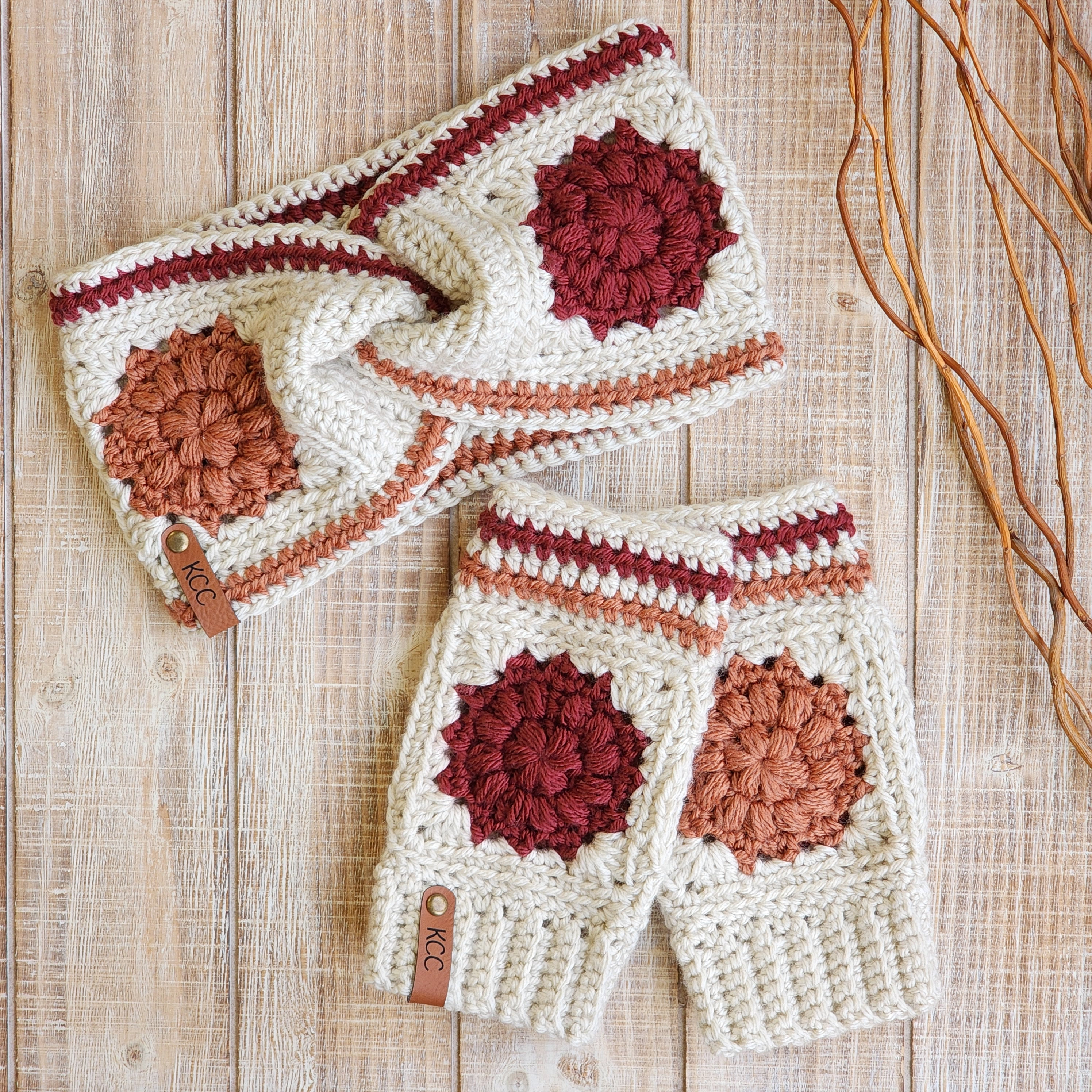Dahlia Twisted Earwarmer - Crochet Granny Square Ear Warmer 