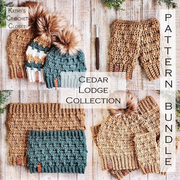Crochet PATTERN Bundle - Cedar Lodge Collection  - Cedar Lodge Beanie - Crochet Cowl Pattern - Crochet Mitts Pattern- Crochet Hat Pattern