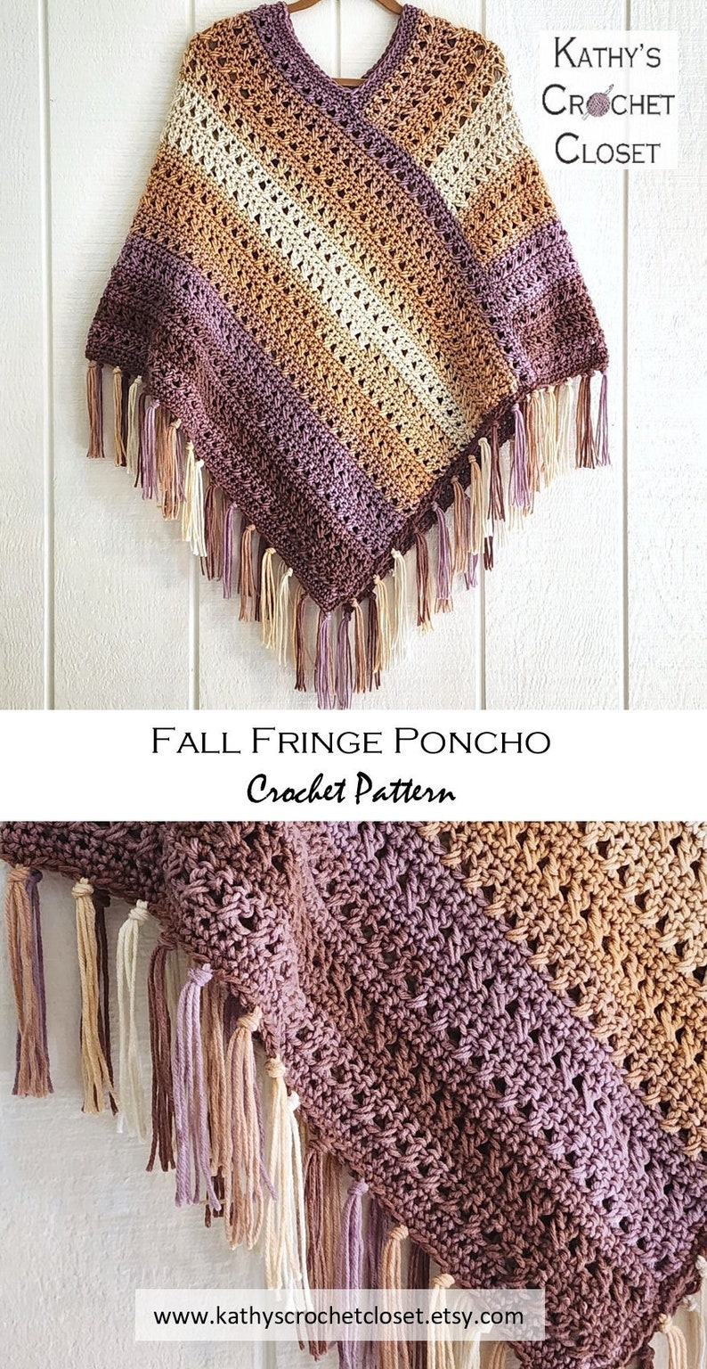 Puede incluir: Un poncho de ganchillo con rayas diagonales en tonos crema, bronceado y morado. La prenda tiene un escote en V y un dobladillo adornado con largos flecos. El texto en la imagen dice: Kathy's Crochet Closet, Fall Fringe Poncho, Crochet Pattern y www.kathyscrochetcloset.etsy.com.