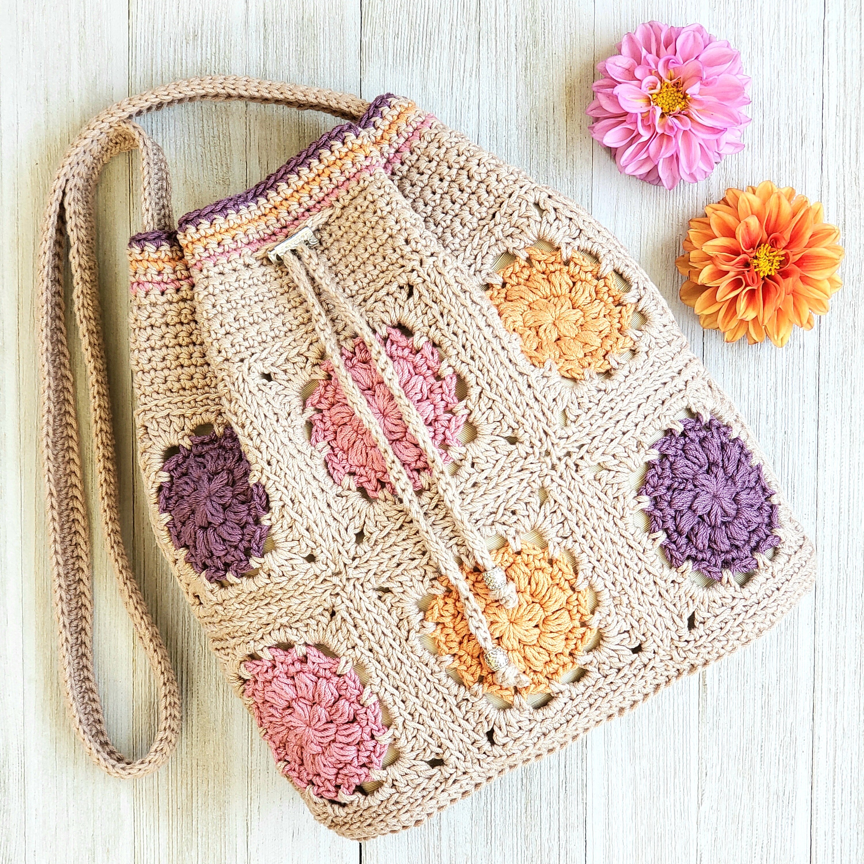 Dahlia Drawstring Bag - DIY Crochet Flower Granny Square Purse 