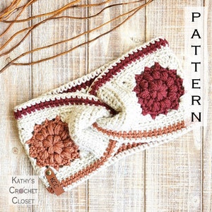 Dahlia Twisted Earwarmer - Crochet Granny Square Ear Warmer Headband PATTERN (PDF Download)