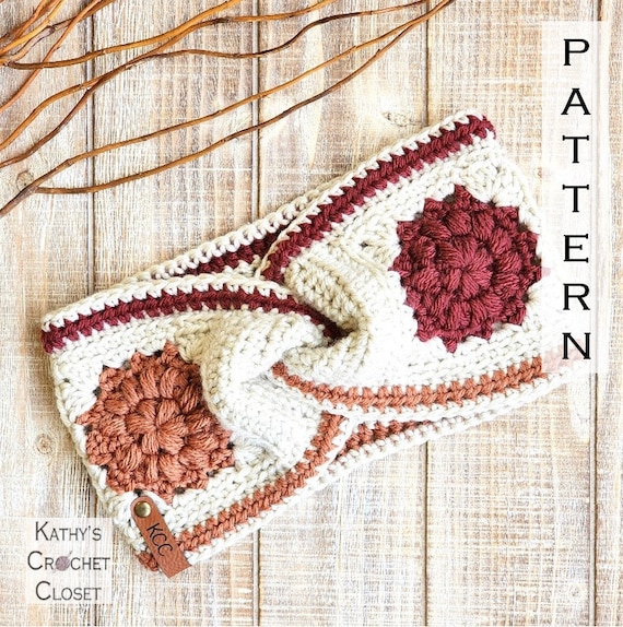 Dahlia Twisted Earwarmer - Crochet Granny Square Ear Warmer