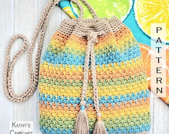 Summer Slice Drawstring Bag - Crochet Striped Cinch Purse PATTERN (PDF Download)