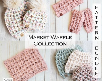 Crochet Pattern Bundle - Market Waffle Patterns - Waffle Hat - Waffle Cowl - Waffle Stitch - Market Waffle Collection - Pattern Discount
