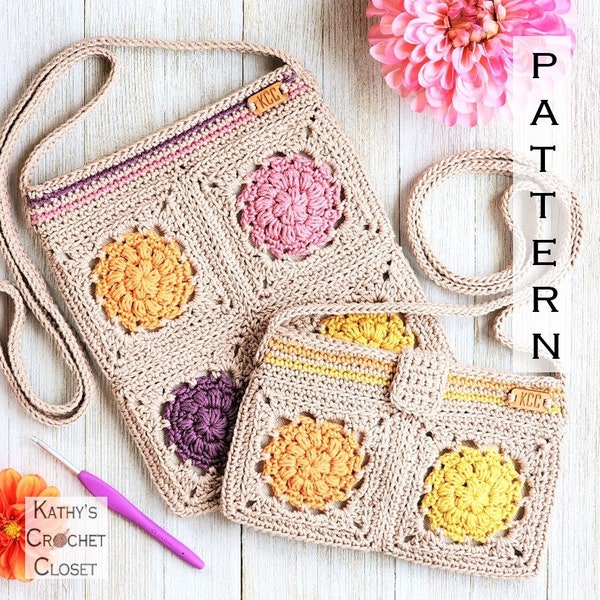 MOTIF de sac au crochet - sacs à bandoulière dahlias - sac au crochet DIY - sac à fleurs au crochet - carrés de fleurs grand-mère - modèle de sac carré grand-mère