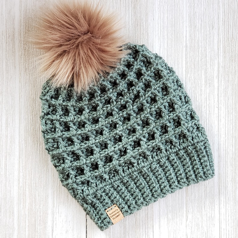 Crochet Beanie PATTERN Winter Woods Beanie Crochet Hat Pattern Waffle Stitch Crochet Pattern Fur Pompom Hat Pattern DIY Beanie image 3