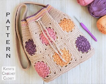 Crochet Bag PATTERN -  Dahlia Drawstring Bag - DIY Crochet Bag - Crochet Shoulder Bag Pattern - Granny Square Bag Pattern