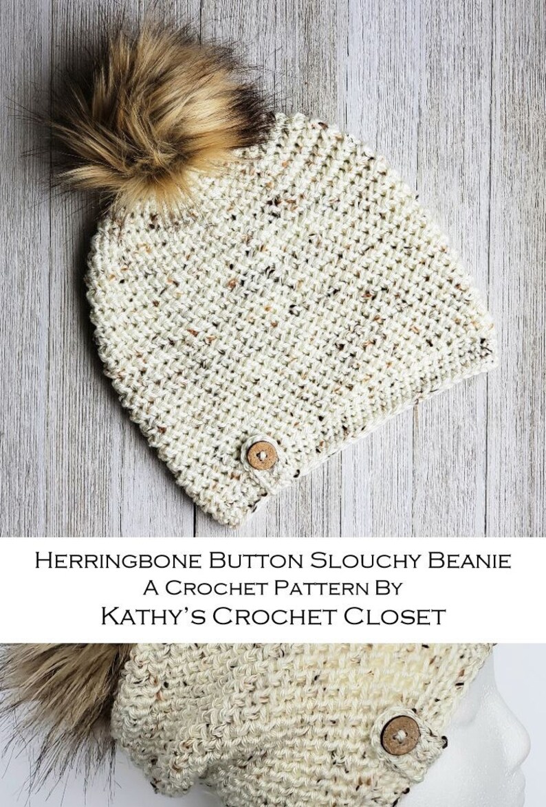 Crochet Beanie PATTERN Herringbone Button Slouchy Beanie Etsy