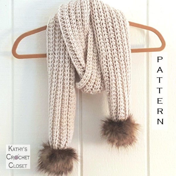 Crochet Scarf PATTERN - Ribbed Pompom Scarf Pattern - Scarf with Pom Poms - DIY Faux Fur Pompoms Scarf - Easy Scarf Crochet Pattern