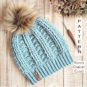 Crochet Beanie PATTERN - Cable Shell Beanie - Crochet Hat Pattern - DIY Crochet Hat - Fux Fur Pompom Hat Pattern - Womens Hat Pattern