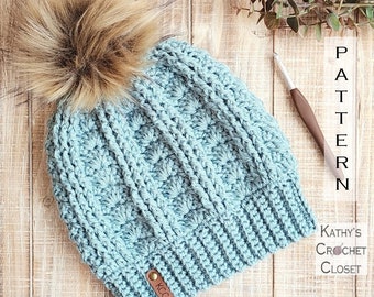 Crochet Beanie PATTERN - Cable Shell Beanie - Crochet Hat Pattern - DIY Crochet Hat - Fux Fur Pompom Hat Pattern - Womens Hat Pattern