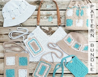 Crochet Bag PATTERN BUNDLE-  Sea Glass Bag - DIY Crochet Bag - Crochet Bucket Hat Pattern - Granny Square Bag - Crossbody Mini Bag Pattern